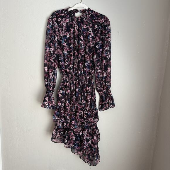 Misa Los Angeles Long Sleeve Floral Print Dress Asymmetrical Hem Large Savanna - Picture 3 of 12
